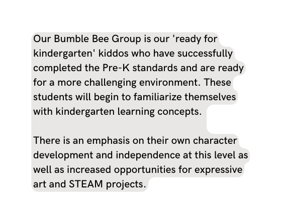 Our Bumble Bee Group is our ready for kindergarten kiddos who have successfully completed the Pre K standards and are ready for a more challenging environment These students will begin to familiarize themselves with kindergarten learning concepts There is an emphasis on their own character development and independence at this level as well as increased opportunities for expressive art and STEAM projects